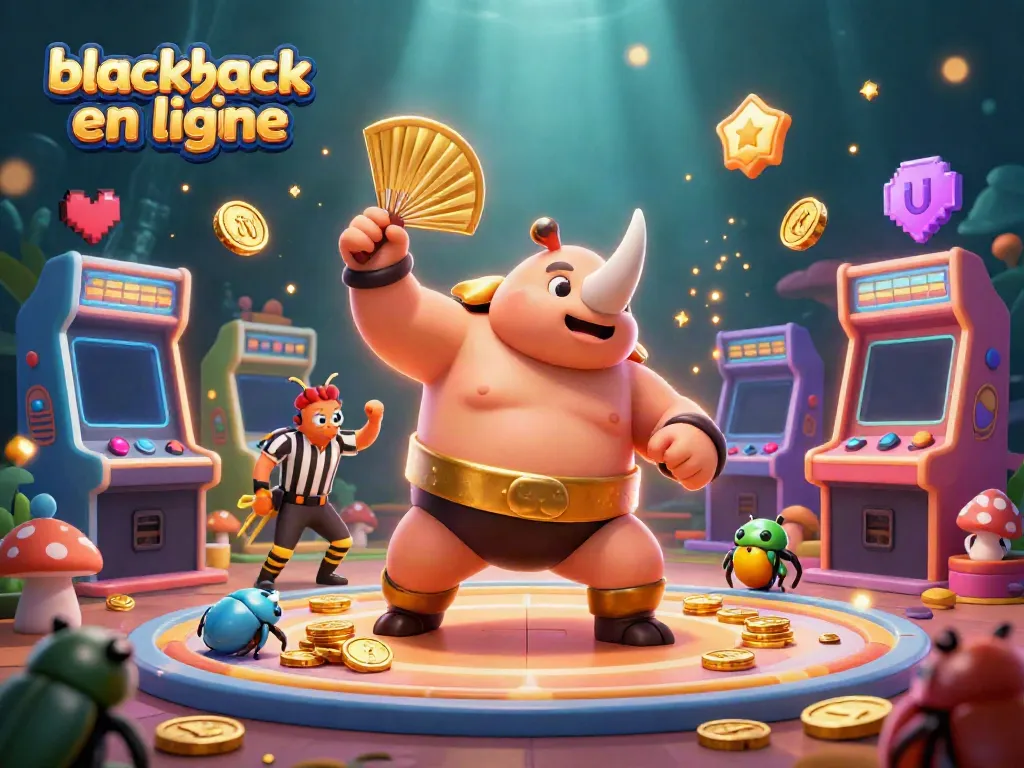 Jouez au blackjack en ligne avec des personnages amusants dans une scène dynamique remplie de pièces d'or.