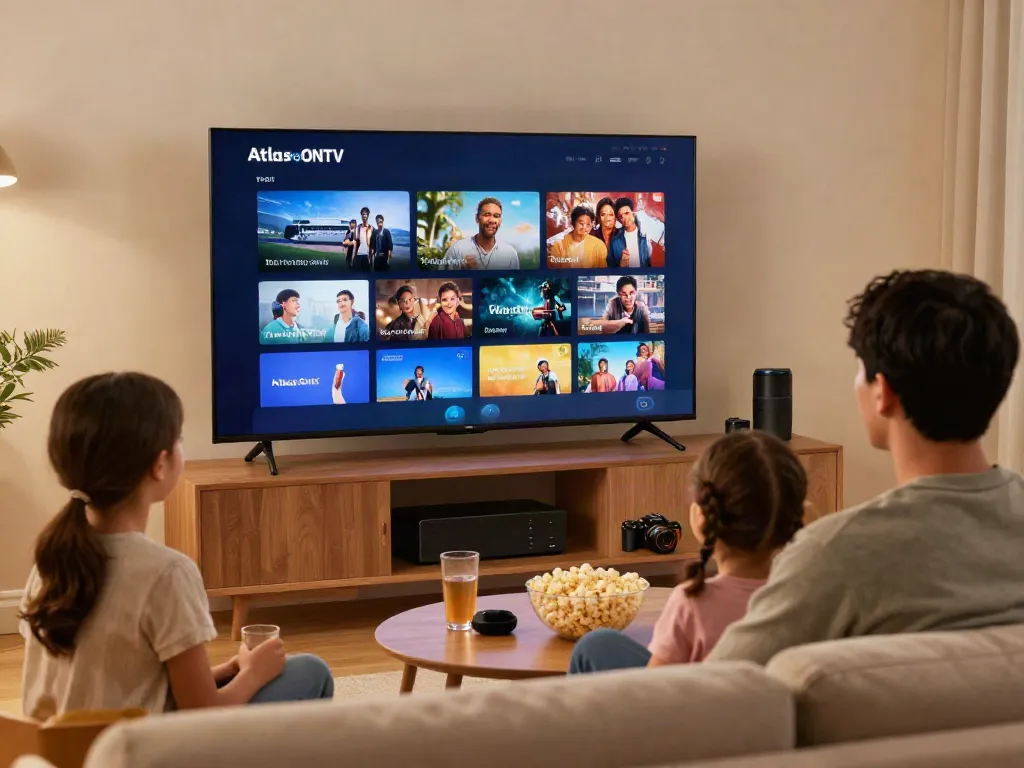 Streaming avec Atlas Pro ONTV sur un téléviseur intelligent avec une famille réunie.