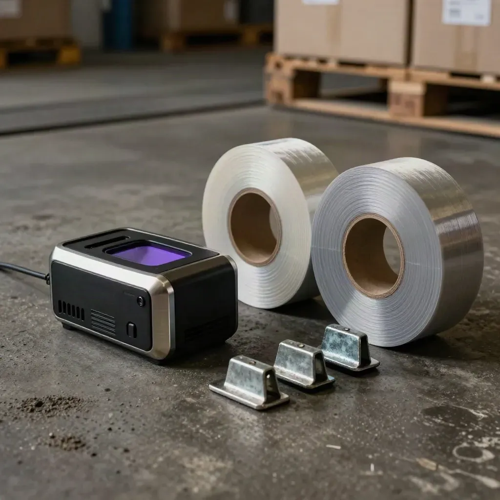Lecteur RFID de quai, film étirable gris et cornières d’acier sur béton sombre.