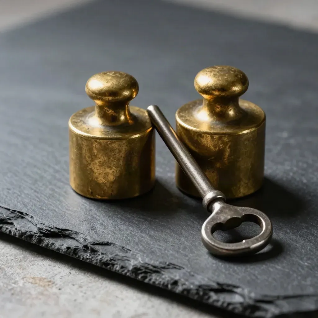 Poids de laiton, clé de coffre et sceau patiné sur ardoise, éclairage rasant.
