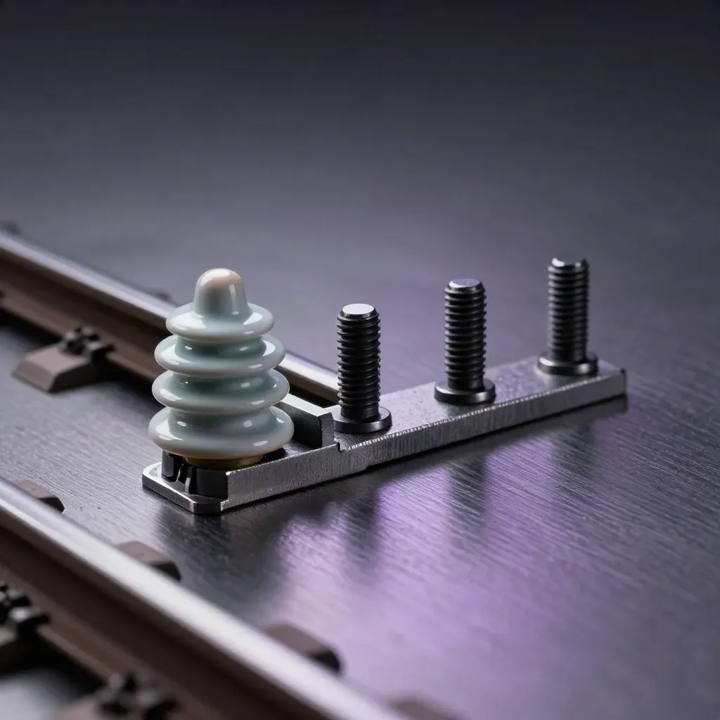 Éclisse de rail miniature, isolateur céramique et trois boulons sur métal brossé, lumière dramatique.