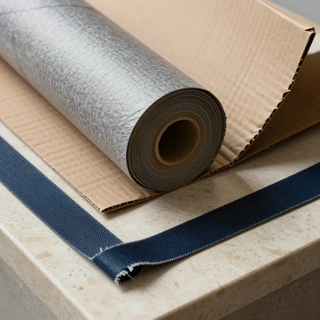 Rouleau de papier gris, carton brut et sangle de cerclage sur pierre claire.