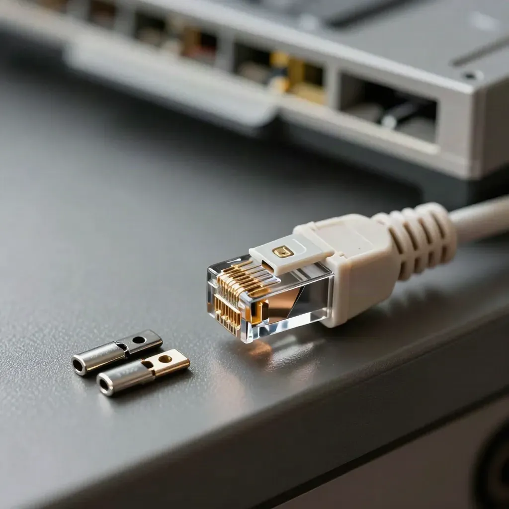 Macro d’une prise RJ45 et d’un keystone assorti avec deux bagues de sertissage sur établi graphite.