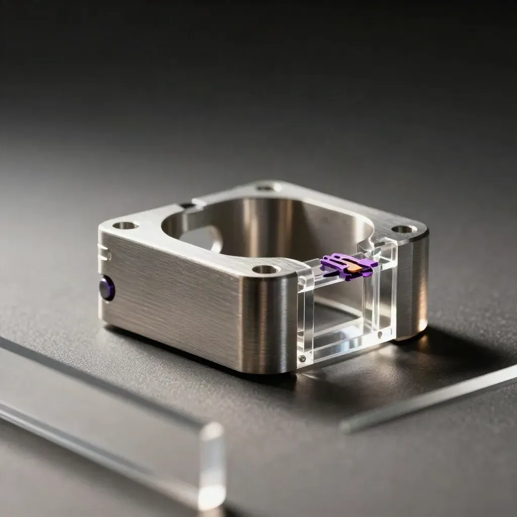 Coque aluminium prototype, gabarit transparent et cales anodisées sur fond sombre.