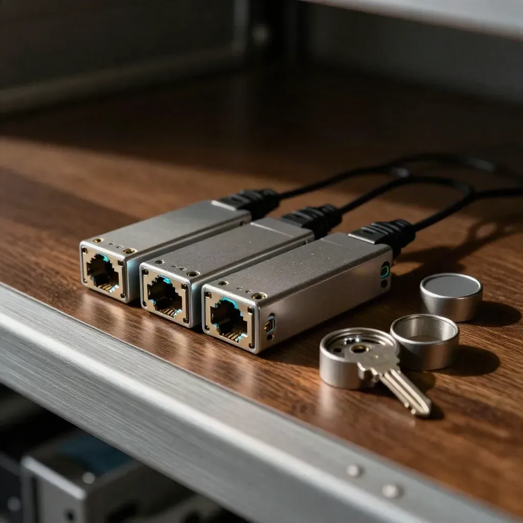 Trois modules SFP, caches anti-poussière et clé de baie sur étagère serveur sombre.