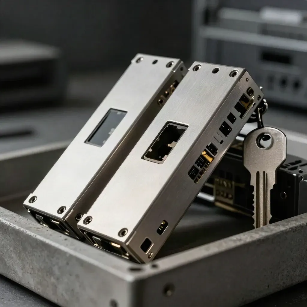 Modules SFP, caches de port et clé de baie en acier brossé sur fond sombre.