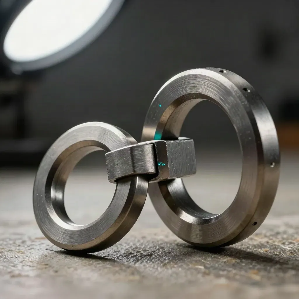 Deux anneaux d’acier reliés par un pont usiné et un bloc modulaire, macro cinétique.