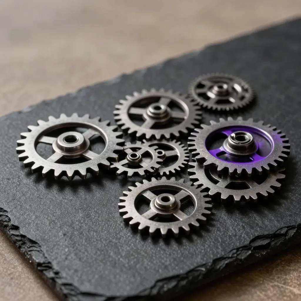 Pignons miniatures et entretoises hexagonales sur support noir, lumière dramatique violette.