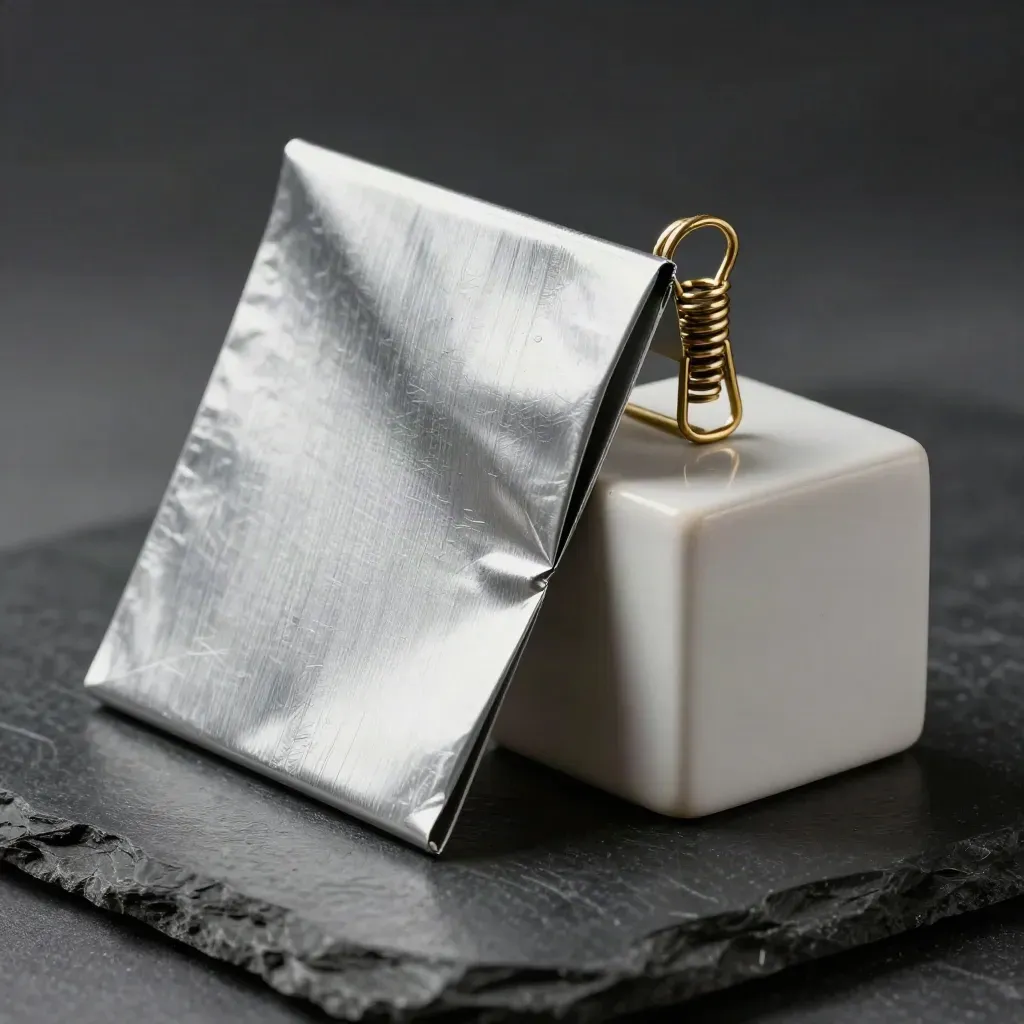 Pliage d’aluminium, cube en céramique mate et clip en laiton sur pierre sombre.
