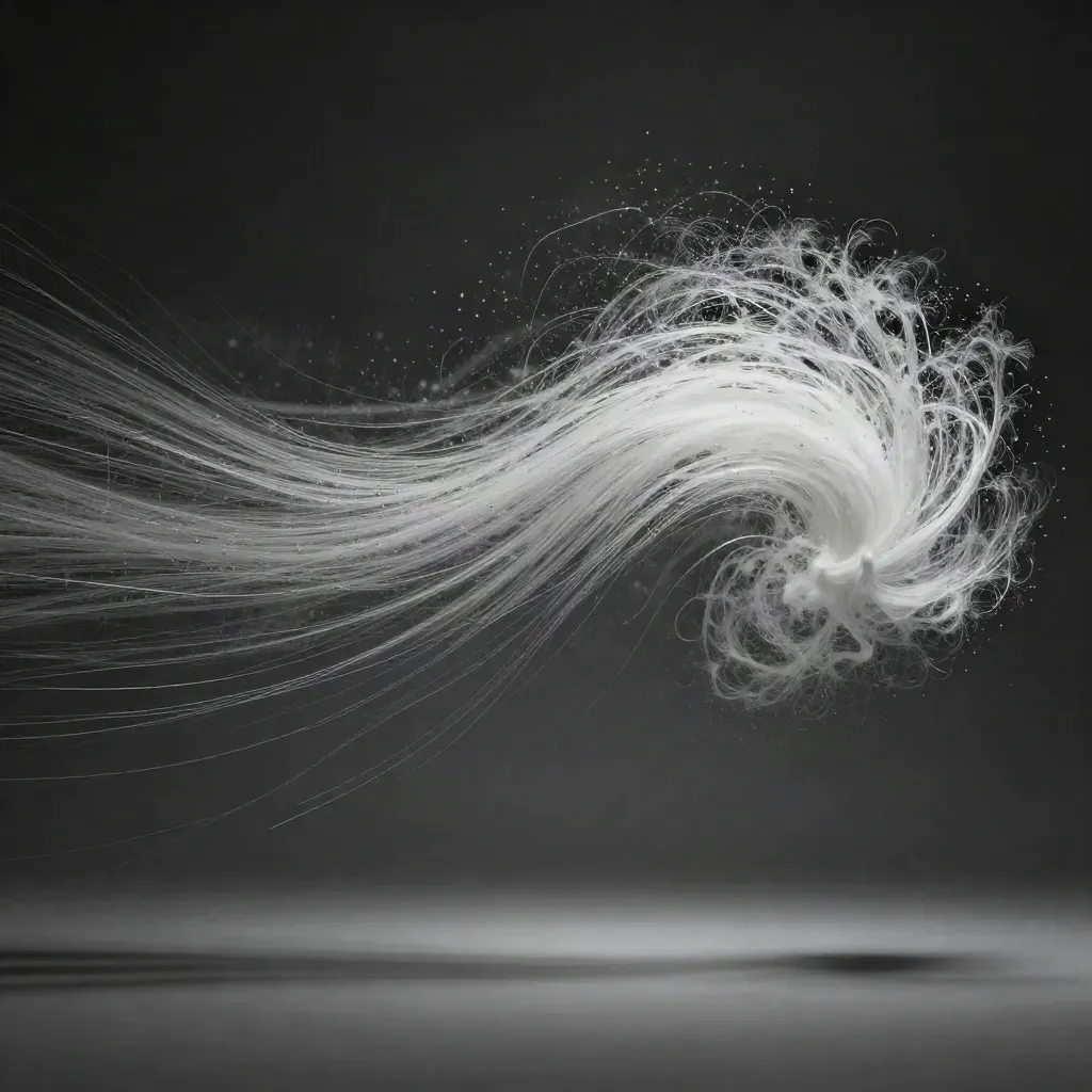 Filaments d’argent convergeant dans une lumière blanche sur fond graphite.